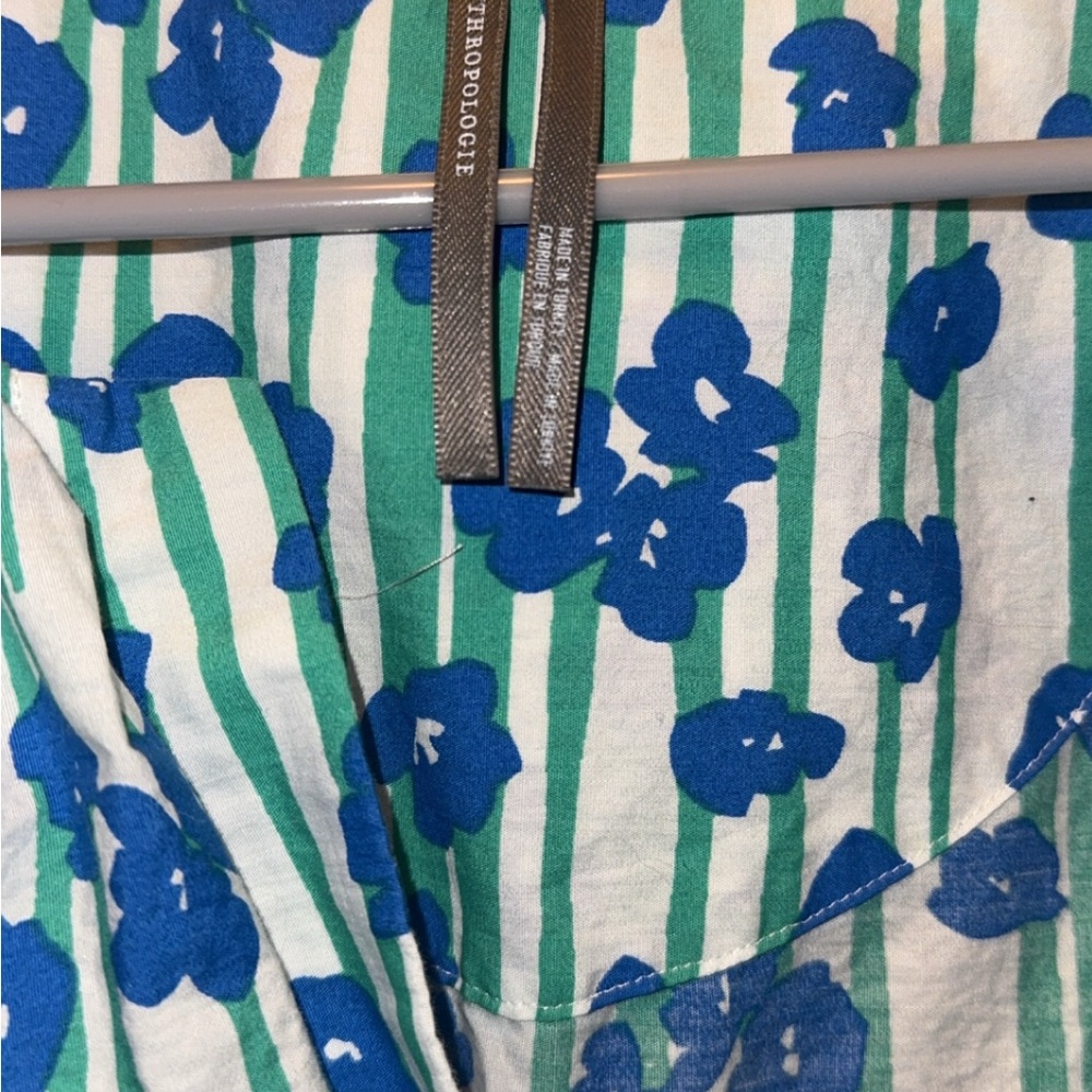 Anthropologie Green Striped Dress with Blue Floral Pattern